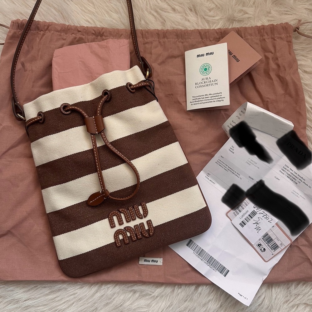 Authentic Miu Miu Striped Fabric Drawstring Top Handle Bag